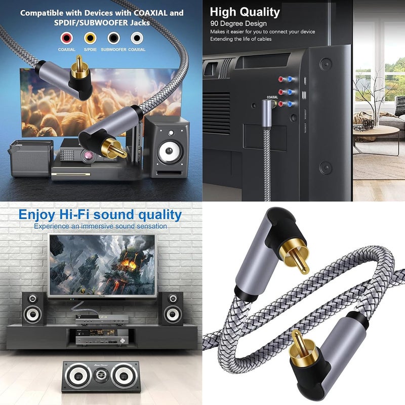 Right Angle Male to Male Subwoofer Cable Digital Coaxial Nylon Braided Cord - Image 2